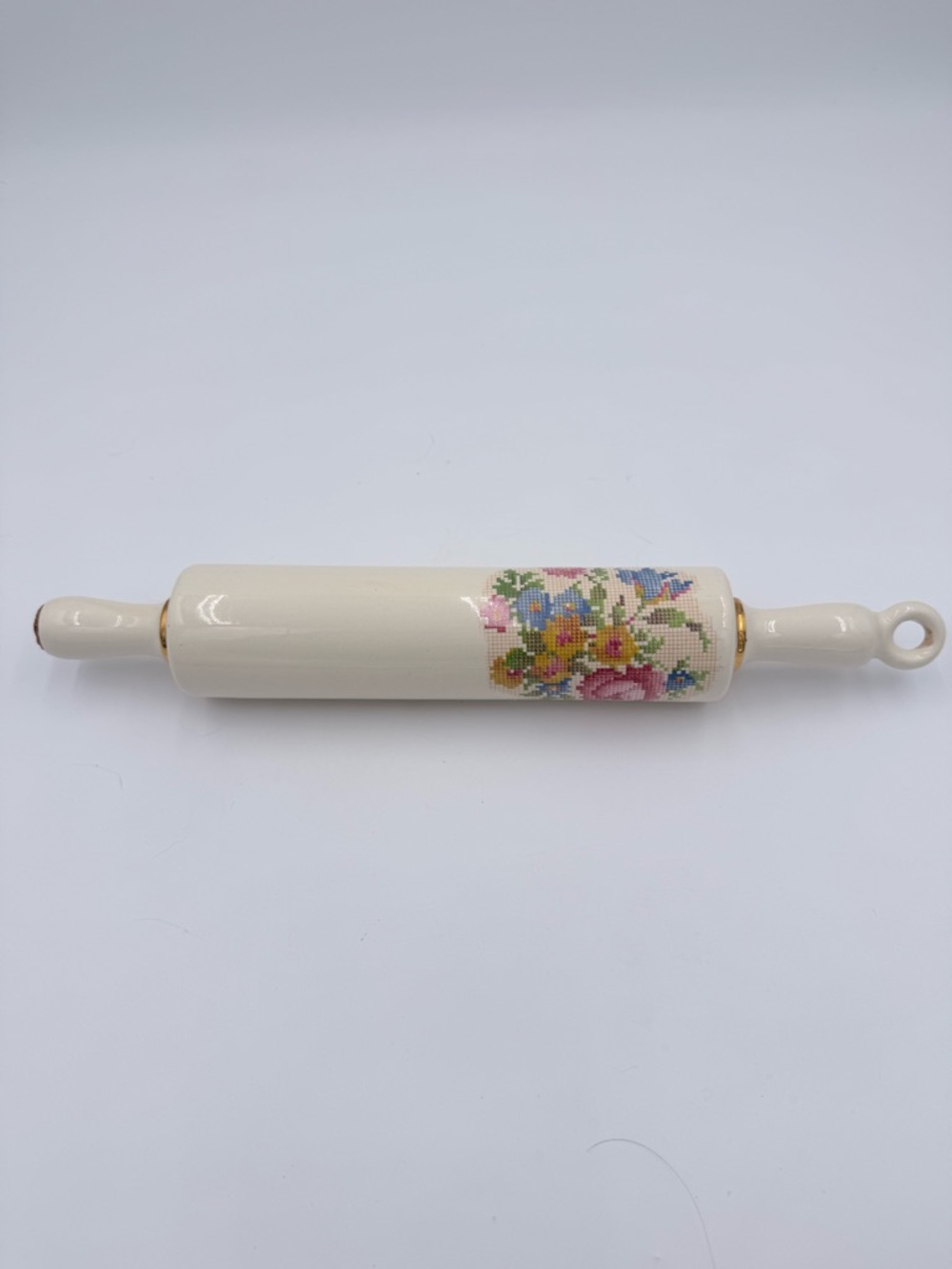Vintage Harker Pettipoint Floral Porcelain Rolling Pin 15" Cork & Loop Ends